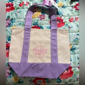 Trader Joe’s mini canvas tote bag Purple and Cream
